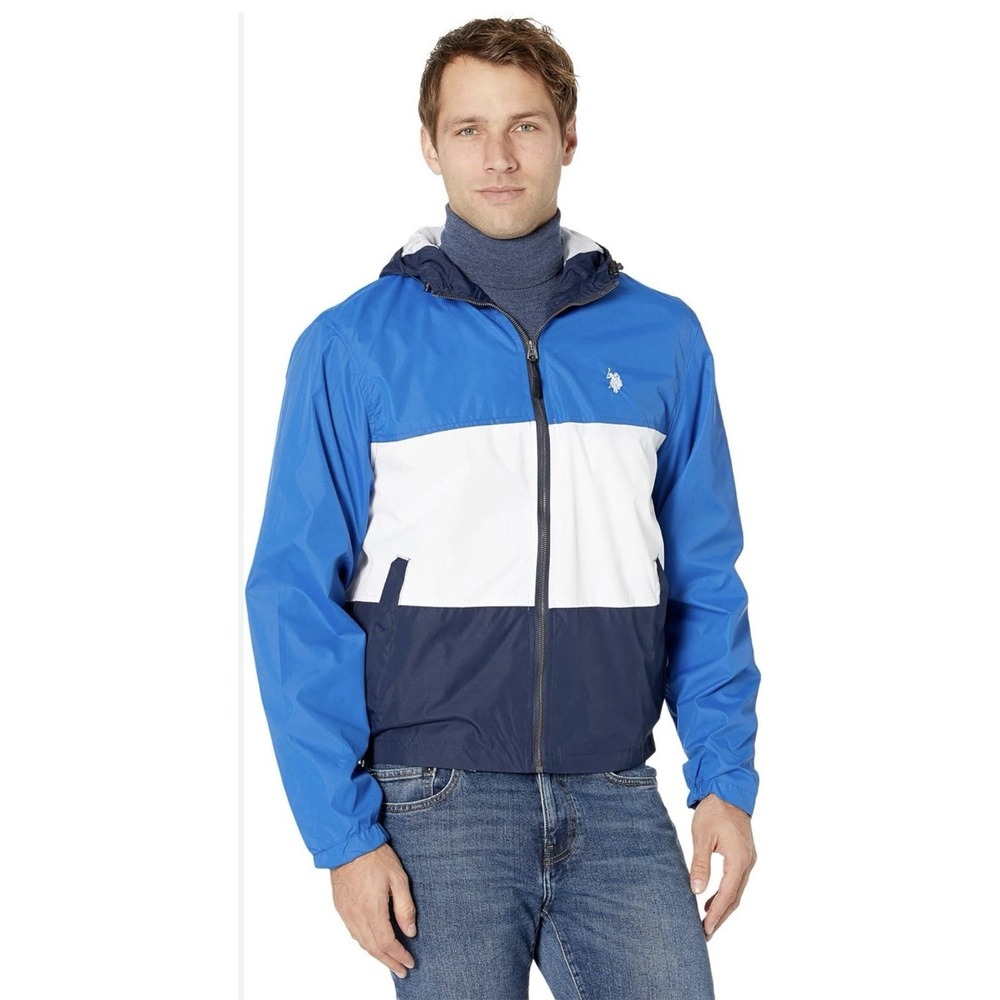 US Polo‎ Assn Jacket Mens Size XL Full Zip Hooded Windbreaker Logo Blue & White